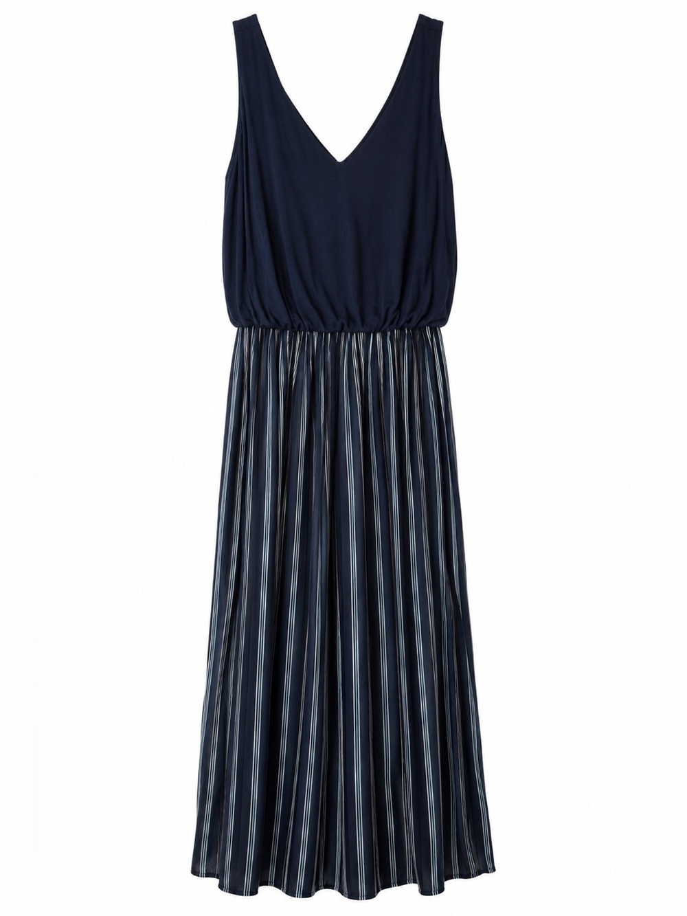 Navy V-Neck Sleeveless Striped Midi Dress - Picture 2 of 8